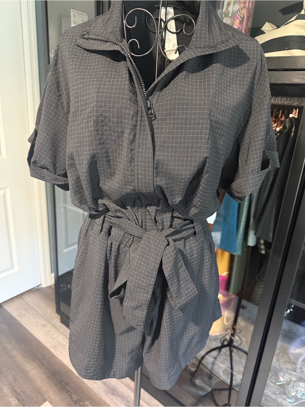 Fabletics Black/Charcoal Grid Short-Sleeve Ripstop Zip Romper Size S